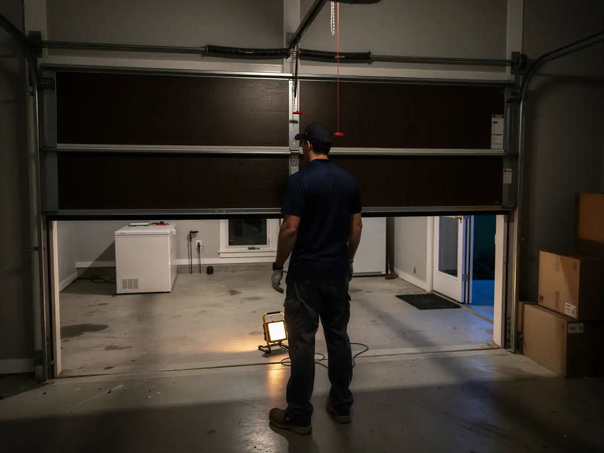 A technician stands in a garage looking at a partially open garage door.