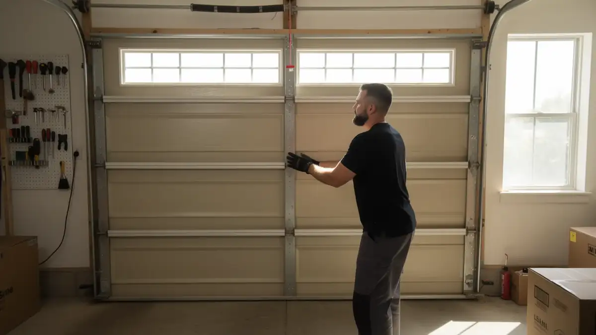 A technician in gloves is pushing a beige garage door with windows.